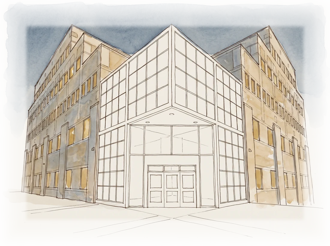 Ink and watercolour drawing of the CIT building at Brown at night, windows lit from within.