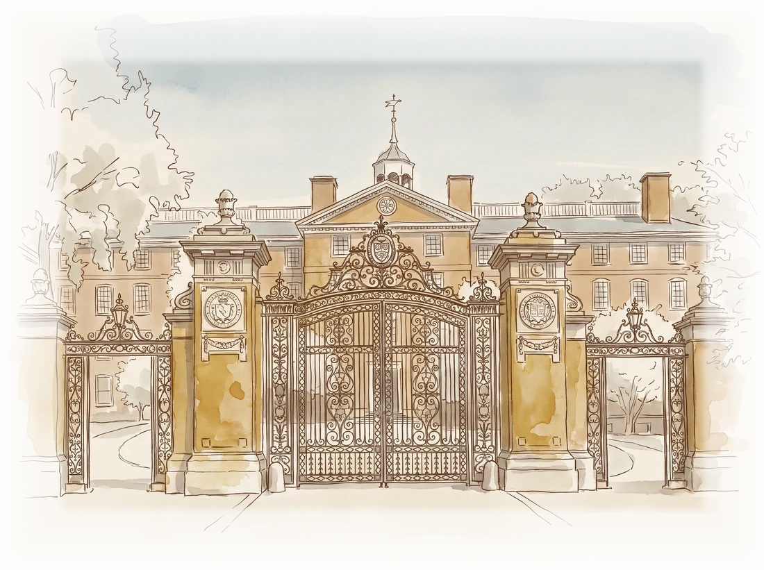 Ink and watercolour drawing of the Van Wickle Gates at Brown University, closed, with University Hall behind them.