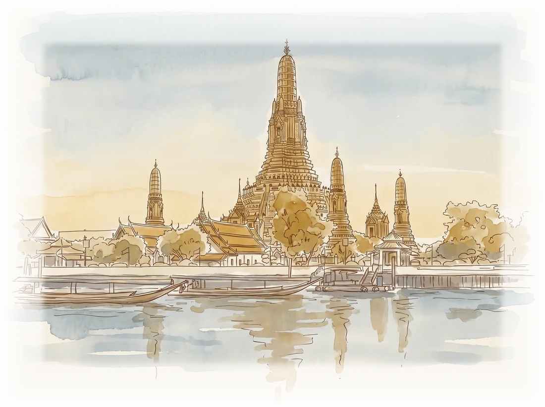 Ink and watercolour drawing of Wat Arun seen across the Chao Phraya river at dusk.